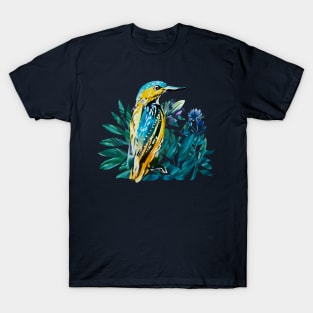 Kingfisher painted in watercolor on blue background T-Shirt